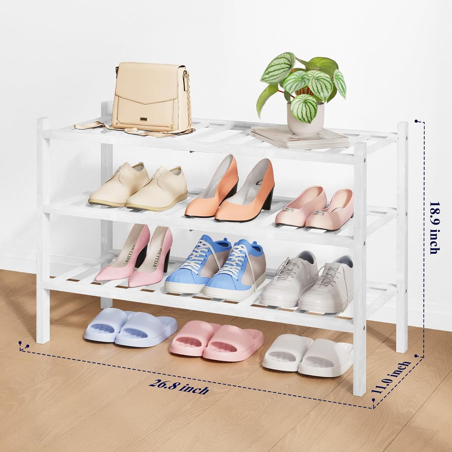 Kitsure Bamboo Wooden Shoe Rack for Closet - Stackable Shoe Organizer with Modular Structure, Space-Saving Shoe Shelf for Entryway, Living Room, Bedroom, 26.8" x 11" x 18.9", Natural