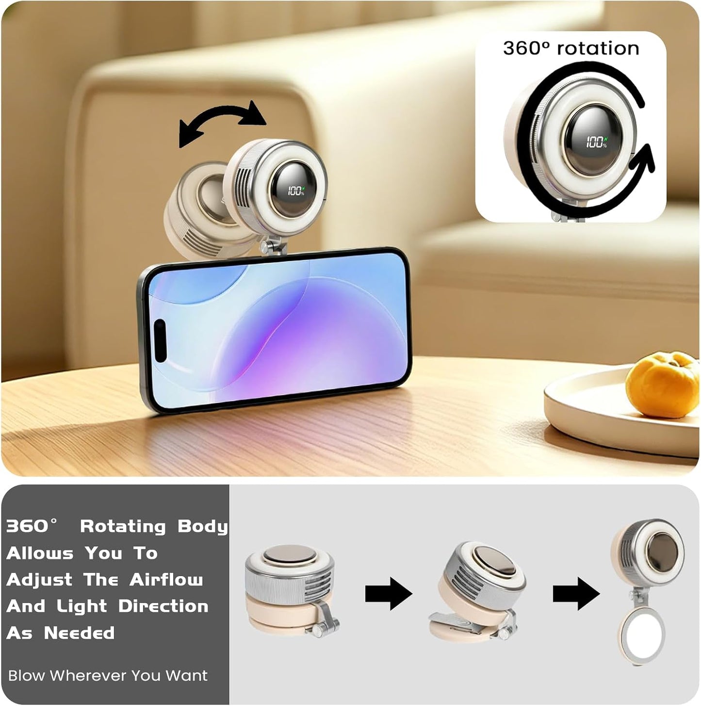 Portable Clip-On Fan, Mini USB Rechargeable 360° Rotatable Fan, Personal Fan 3-Speed Silent Mini Bladeless Fans