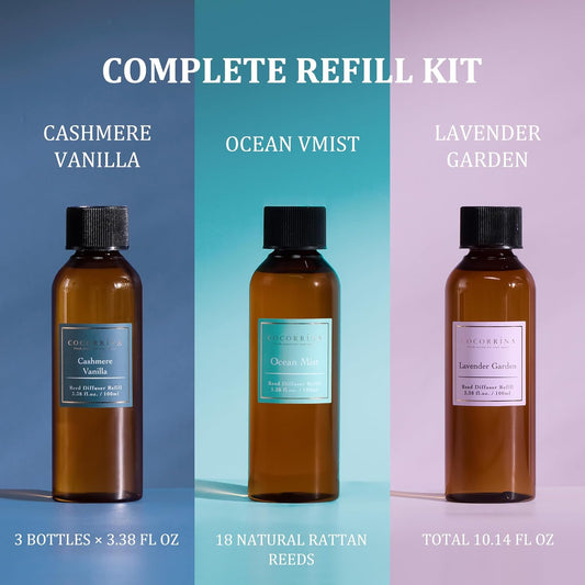 COCORRÍNA Reed Diffuser Refill Set, 10.2oz Scented Oil Refill 3 Pack, Clean Linen, Ocean Mist, Eucalyptus & Moss, Long Lasting Oil Diffuser Refill with 18 Sticks for Bathroom & Bedroom
