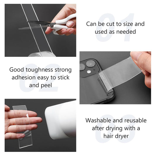 2 Rolls Nano Double Sided Clear Tape Heavy Duty - Removable & Washable, Wall/Car/Home Mounting Strips (Clear, L:100cm,W:3.0cm)