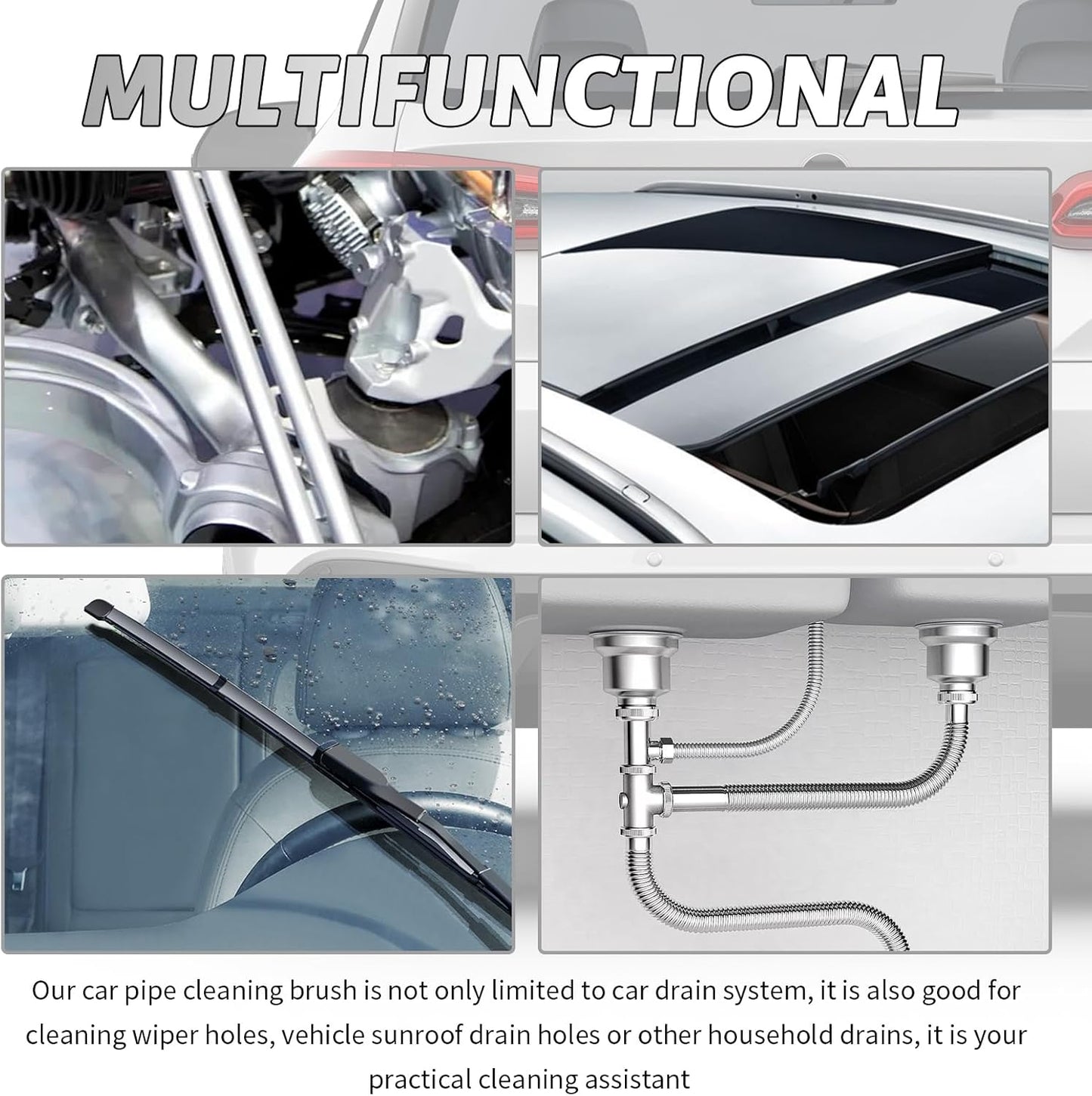 78" Long Flexible Car Drain Cleaning Brush,Stainless Steel/Nylon Pipe Cleaner Brush with Double Head,Slim Car Drain Brushes Pipe Cleaning Tool as Auto Sunroof Drains Cleaner