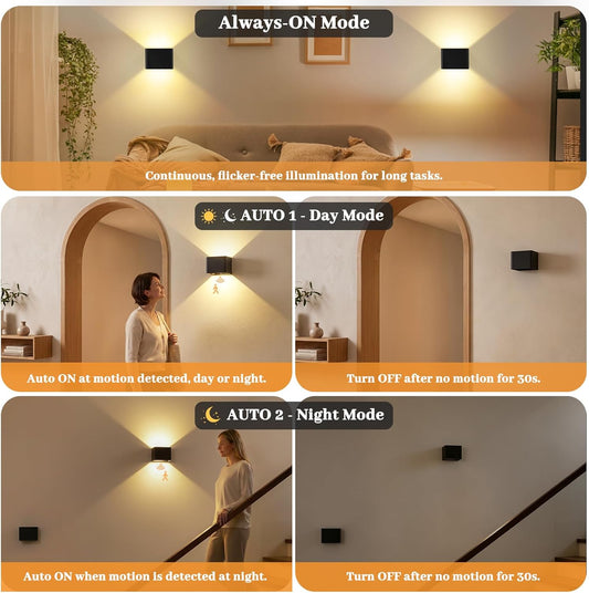 Rechargeable Motion Sensor Wall Light Indoor Set of 2, 6000mAh Cordless Battery Operated Wall Sconce Up Down with Touch & Remote Control, 3 Colors Dimmable Battery Powered Stick On Wall Lights, White
