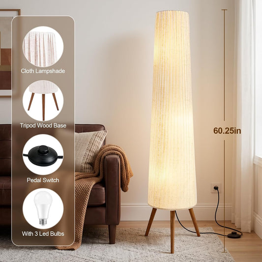 GyroVu 60 Inch Wood Floor Lamp, White Cloth Shade, Color Temperature Adjustable Softlighting Corner Lamp, 3 Bulbs Standing Lamp, Creative Ambient Light for Living Room Bedroom&Office-Bulbs Included