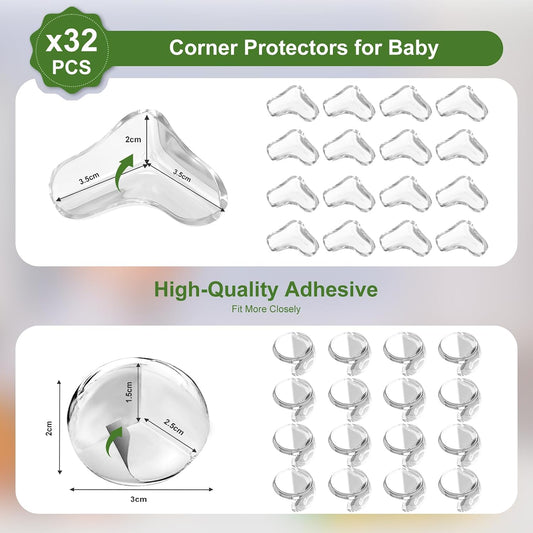 32 Pack Corner Protector Baby, 2 Shapes Baby Proof Corners and Edges Clear Furniture Corner Covers & Edge Safety Bumpers Table Corner Protectors and Edge Guards for Baby Proofing, Sharp Edges