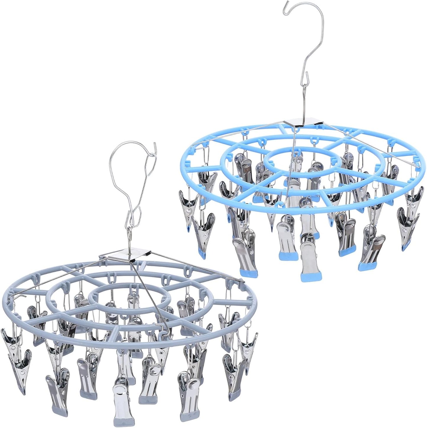2-Pack Stainless Steel Round Hanging Drying Rack with 48 Clips, Heavy Duty Clothe Drying Rack with Windproof Hook for Socks, Bras, Underwear, Towels, Hats & Laundry Accessories (Blue & Gray)
