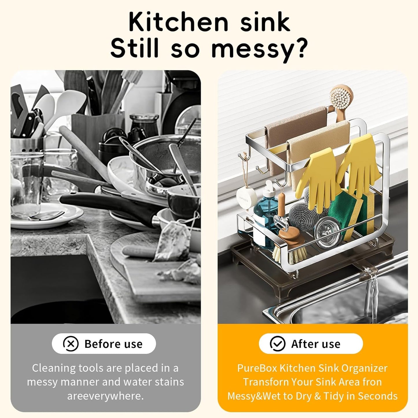 PureBox Sponge Holder for Kitchen Sink with Auto-Drain, 2-Tier Extra-Wide 3-Bar Stainless Steel Rustproof Sink Organizer & Sink Caddy, Countertop Must-Have with Removable Drip Tray (9.45" x 6.5")