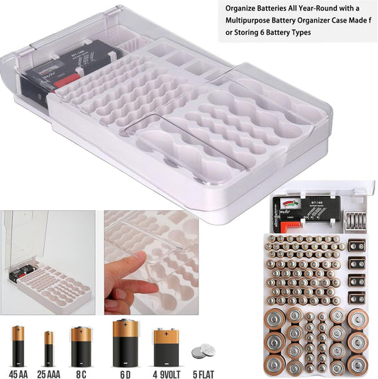 Battery Organizer Storage Box with Tester,Clear Lid Battery Organizer Storage Case Holder Holds 93 Batteries Battery Storage Box Battery Carrying Case(Batteries are Not Included)