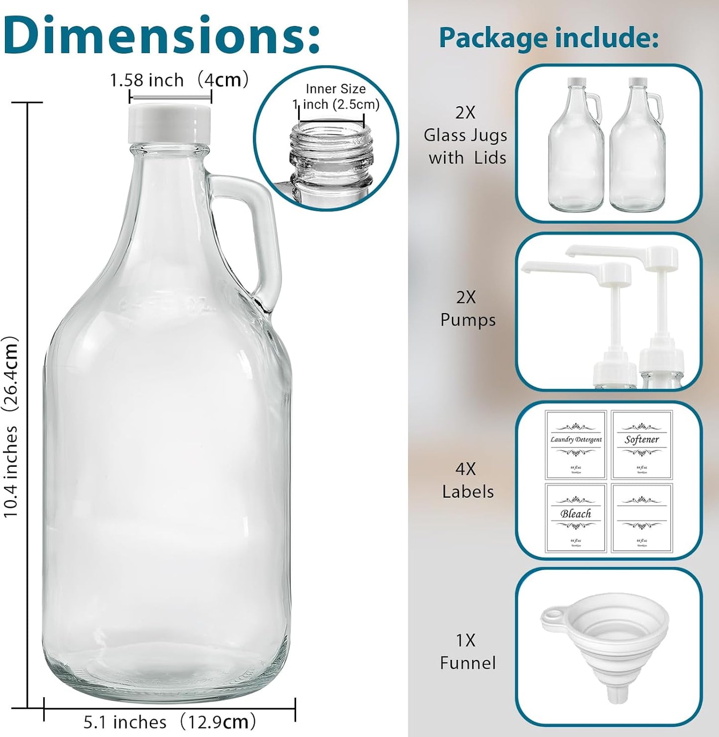 2 Pcs Glass Liquid Laundry Detergent Dispenser with Pump (Upgraded), 64 oz Dispenser for Laundry Room, Half Gallon Glass Jugs with Airtight Lid