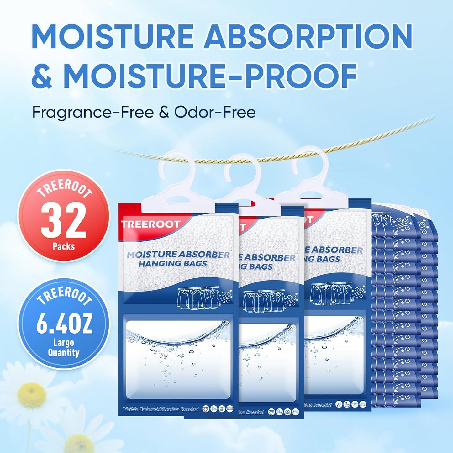 24 Pack Moisture Absorbers for Closet, 6.4OZ Hanging Closet Dehumidifier Bags, Hanging Humidity Absorber in Wardrobes, Kitchens and Bathrooms