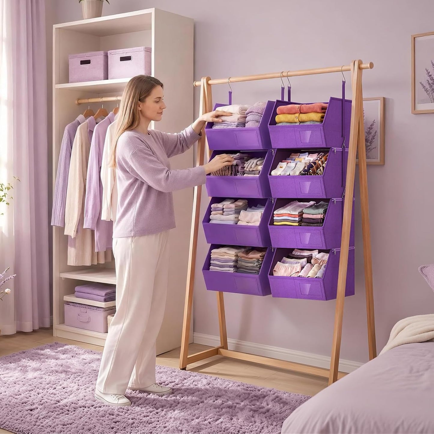 2 Pack 4-Tier Hanging Closet Organizer, Detachable Hanging Storage Shelves with Reinforced Side Panels, Hanging Closet Organizer for Clothes, Sweaters, Towels, Socks & Accessories, Purple