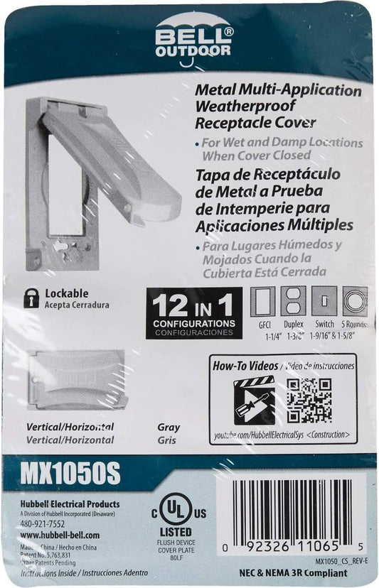 Hubbell Bell MX1050S Single-Gang Weatherproof Heavy Duty Universal Flip Cover, 2.87"W x 4.84"H, Gray Finish