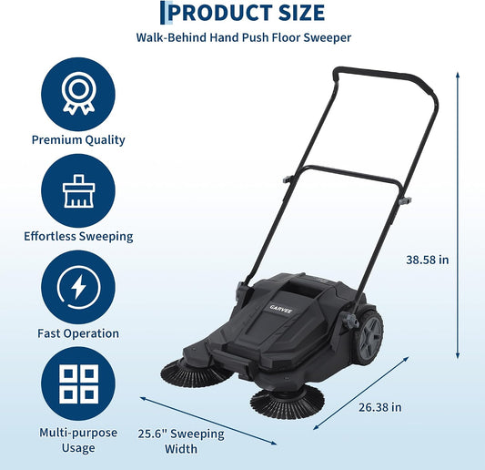 Walk-Behind Outdoor Hand Push Floor Sweeper, 25.6 Inch Wide Manual Non-Electric Sweeper with 5.25 Gallon Waste Bin, Adjustable Folding Handle Heavy Duty Yard Sweeper for Garage Patio Walkway Driveway