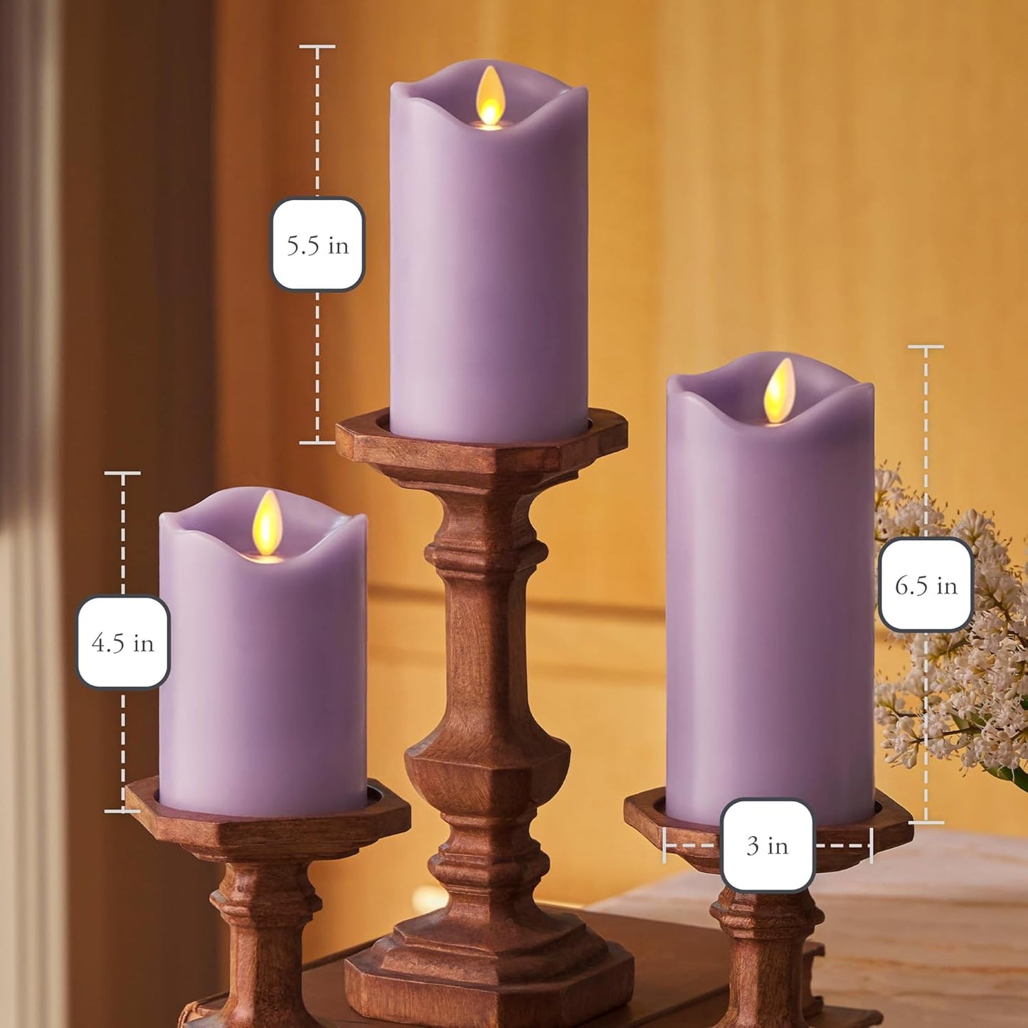 Matchless Candle Co. by Luminara Set of 3 Flameless LED Flickering Moving Flame Pillars (3" x 4.5", 5.5", 6.5"), Melted Unscented Real Wax Edge w/Smooth Finish, AA Battery Operated, Pearl Ivory
