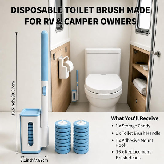RV Toilet Brush, RV Accessories, Wall Mount Toilet Brush, 64 Toilet Refills | Hands Free Toilet Brush, One-Button Release, RV Toilet Brush and Holder Set, Compact Design, Camper Bathroom Accessories