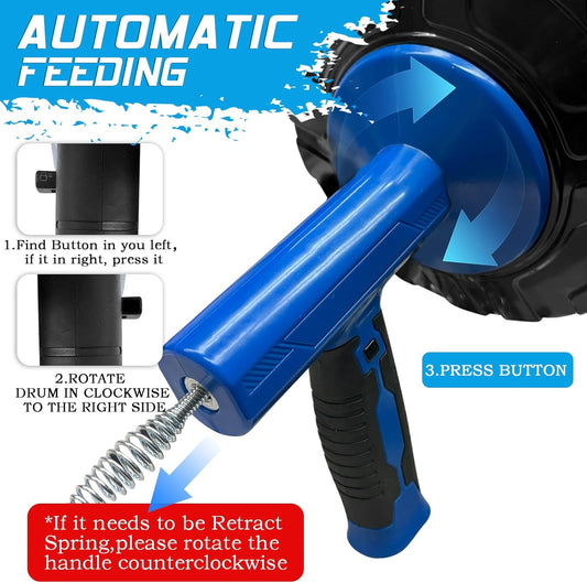 25FT Drain Snake, Auto Feed Retract Flexible Drain Auger for Drain Clogged, Manual or Drill Powered Plumbing Snake Hair Clog Remover for BathTub Sink Shower (Blue)