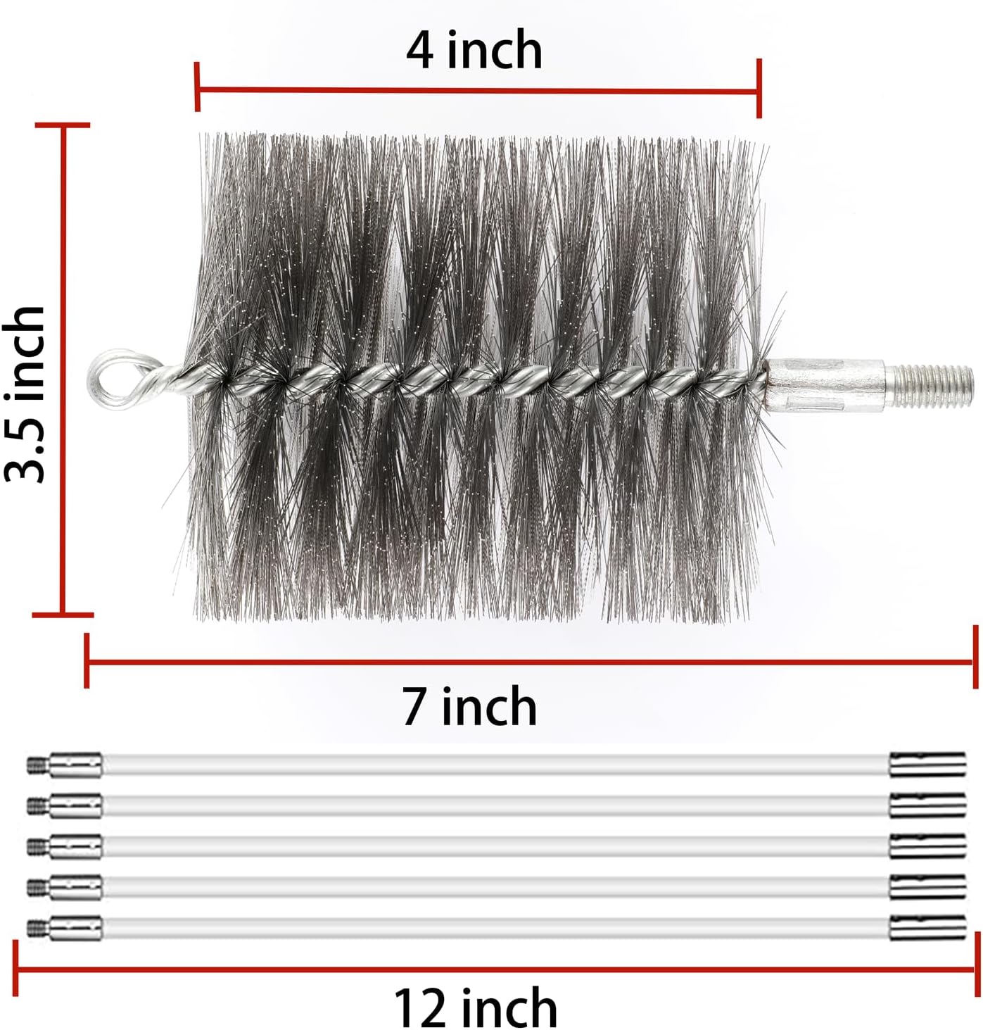 50-inch Long Tent Wood Burning Stove Pipe Cleaning Brush with Stainless Steel Bristles, and Chimney Cleaning Wire Brush with 4 Flexible Rods, 2.5'' Brush Heads