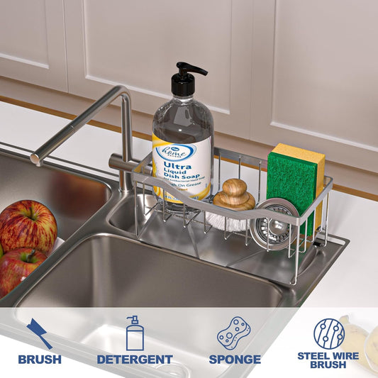 Vanwood Sponge Holder for Kitchen Sink with Auto Draining Tray, Sink Caddy Kitchen Sink Cocina Organizer, Self Drain Dish Soap Sponge Caddy for Counter | Kitchen Sink