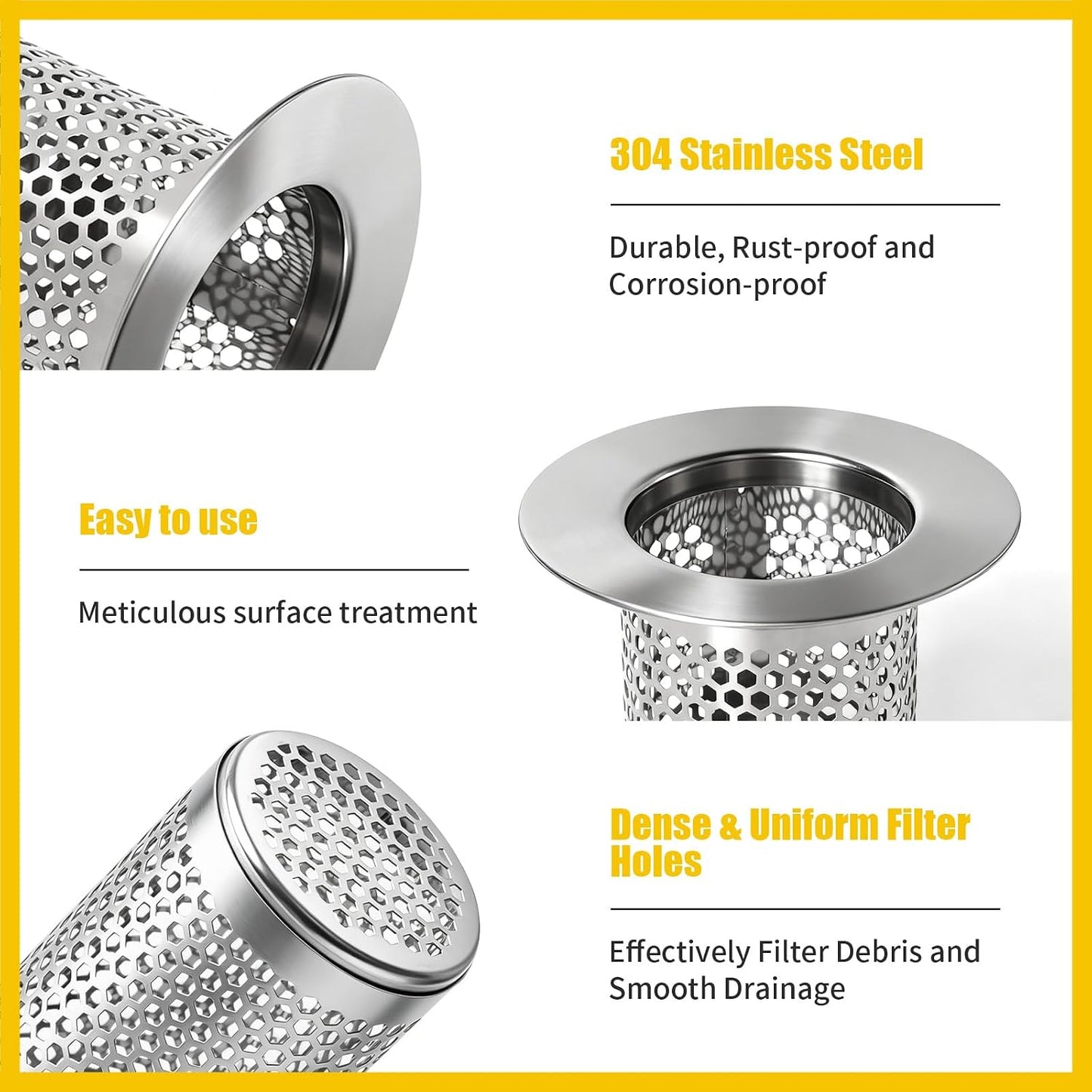 Bathroom Sink Drain Strainer, 304 Stainless Steel Hair Catcher for Bathtub Shower Floor Drain, Bathtub Drain Cover Strainer Basket Fit 1.1" to 1.97" Drain Hole (2PCS)
