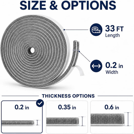 Self-Adhesive Door Draft Stopper & Weather Stripping Door Seal – Gray, 33 Ft x 0.35" Wide x 0.35" Thick Foam Seal Strip – Draft Blocker, Noise Reduction, Insulation