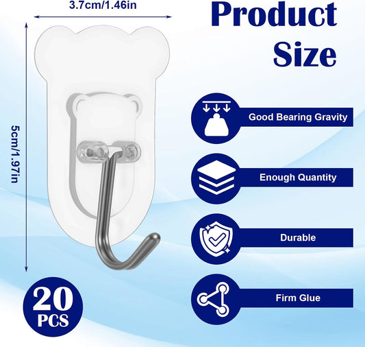 20Pcs Heavy Duty Adhesive Hooks, 5 kg/11 lbs Max Load, Sticky Wall Hooks for Hanging Towels, Coats, Keys, Transparent Waterproof No-Damage Wall Hook for Bathroom, Kitchen, Office & Home Decor