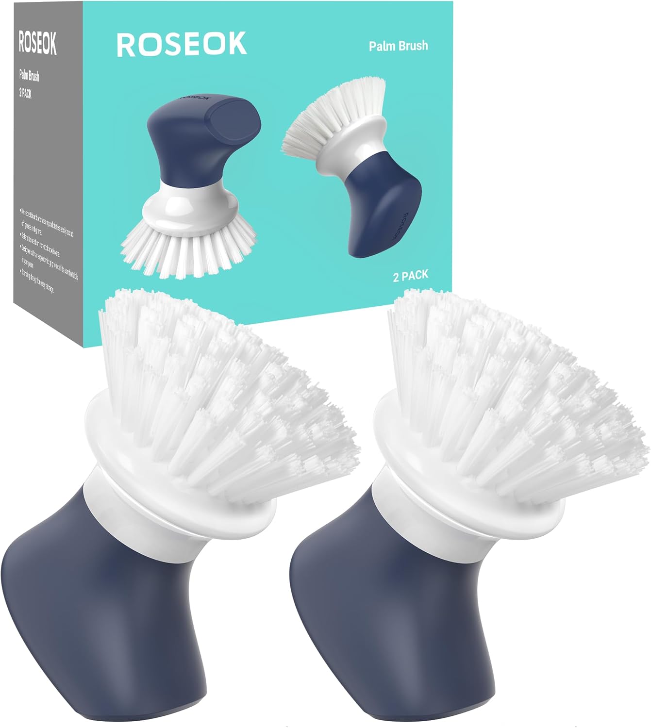 ROSEOK Dish Scrub Brush,Self-Standing Palm Brush with Ergonomic Grip for Cleaning Dishes,Non-Stick Pans and Sinks,Navy Blue,2 Pack