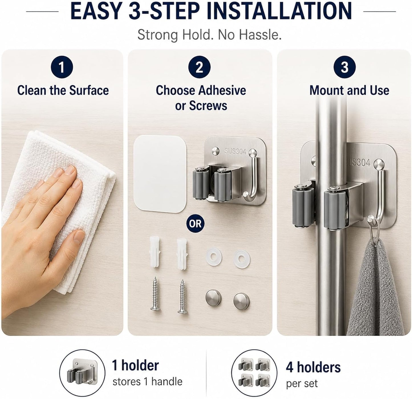 Broom Holder Wall Mount 4 Pack, Heavy Duty Mop and Broom Holder with Hooks, 304 Stainless Steel Broom Hanger, Self Adhesive or Screw Mount Organizer for Kitchen Laundry Garage