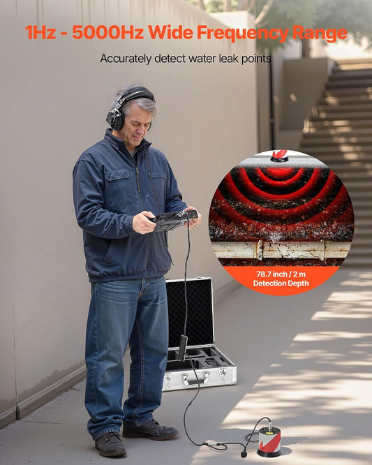 VEVOR Pipe Water Leak Detector for Outdoors, 1Hz-10000Hz, 7" Touchscreen Water Leakage Detection Locator for 16.4FT (5m) Underground Plumbing - with Medium Sensor, 3 Listening Rods, Headphone & Case
