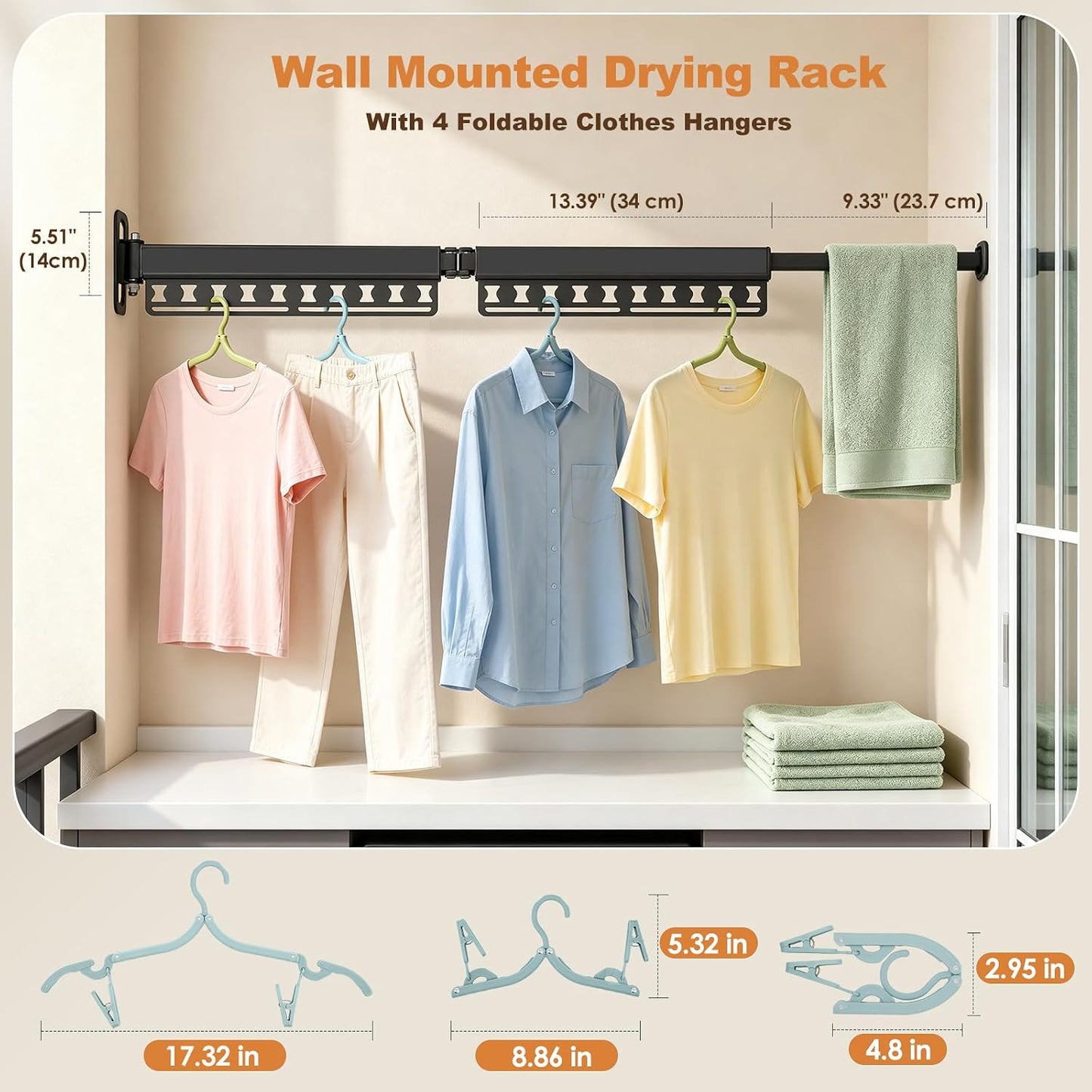Wall Mounted Clothes Drying Rack Foldable, Windproof Aluminum Laundry Drying Rack Clothing, Retractable Space-Saving Drying Racks for Laundry Room Balcony Bathroom, Indoor/Outdoor Use