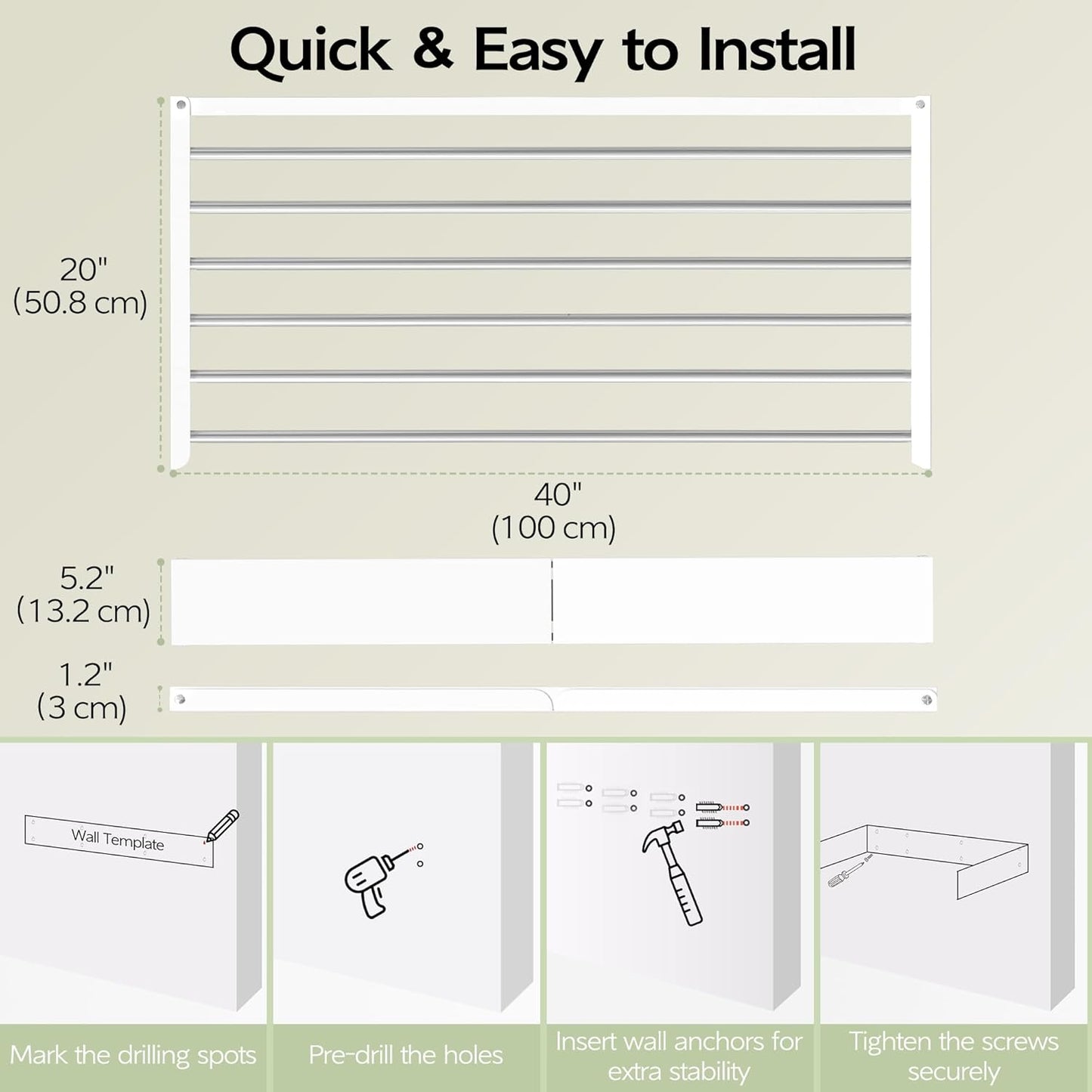 Vikaqi Wall Mounted Clothes Drying Rack 23.6", Foldable Wall Mount Laundry Rack Folding Indoor, Drying Rack Clothing Collapsible, Hidden Space Saver with Wall Template, 5 Rods, White