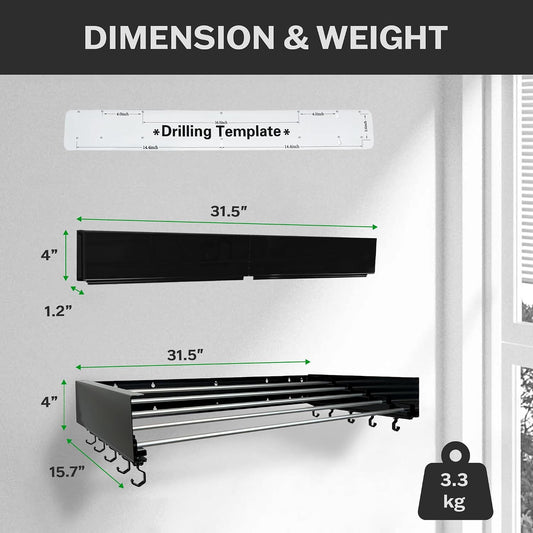 Foldable Wall Mounted Drying Rack - 31.5” Wide, 13.2 Ft Drying Space, 5 Aluminum Rods, Supports Up to 60 lbs - Retractable & Foldable Space-Saving Wall Mounted Clothes Drying Rack (Black)