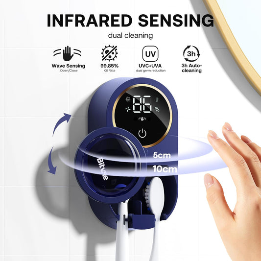 Bitvae Upgraded Tooth Brush Holder for Bathroom 2.0, Infrared Sensing Toothbrush Cleaner, Wall-Mounted for Most Size Toothbrushes, Air Drying, LED Smart Screen, White Gold Trim