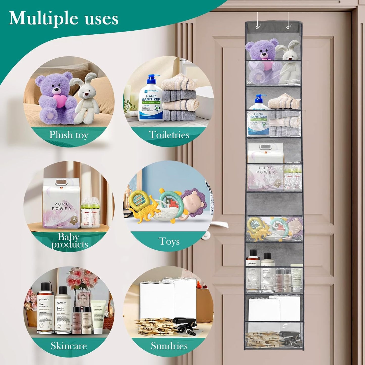 4-Shelf Over The Door Hanging Pantry Organizer, Behind The Door Storage Organizer, with Clear Plastic Pockets, for Bedrooms, Closets, Bathrooms, Small Apartments, College Dorms (Grey)