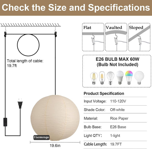 Paper Lantern Lamp Plug in Hanging Lamp 23.6in Off-White Rice Paper Pendant Light with 19.7FT Cord Large Globe Japanese Japandi Wabi Sabi Chandelier for Dining Living Room Bedroom 1 Pack