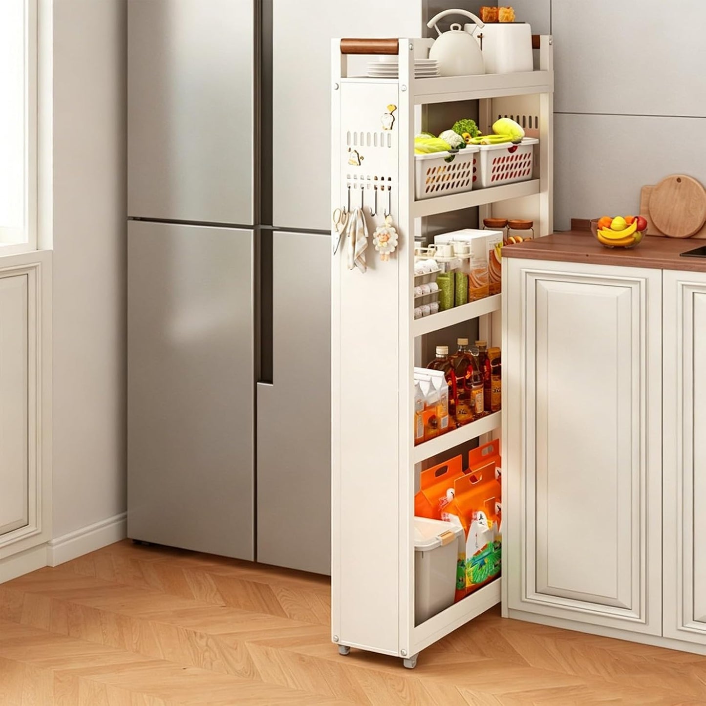 Slim Fridge Gap Storage Cart,All Carbon Steel Adjustable Rolling Kitchen Shelving Organizer with Wheels for Refrigerator Side Cabinet Narrow Space(3-Tier 5.5 * 15.7 * 26.0in)
