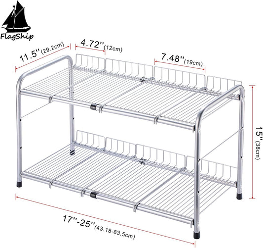 FlagShip 2 Tier Under Sink Organizers and Storage Rack Expandable Cabinet Shelf for Kitchen Bathroom Silver (17-25 inches)