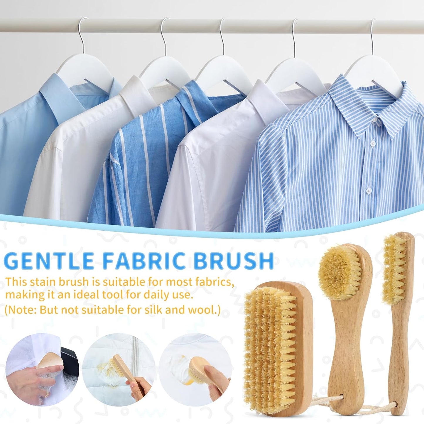 DEBETOOL 3-Piece Wooden Laundry Brush for Stains on Clothes - Gentle Boar Bristle Laundry Scrub Brush Stain Remover for Delicate and Everyday Fabrics