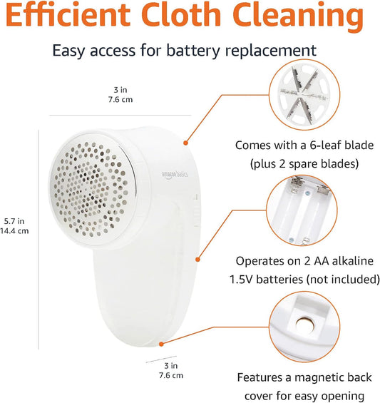 Amazon Basics Battery Operated Fabric Shaver for Clothes, Remove Pilling, Lint and Fuzz Removal, 6-Leaf Blades with Safety Lock, Portable, Includes 2 Spare Blades, White