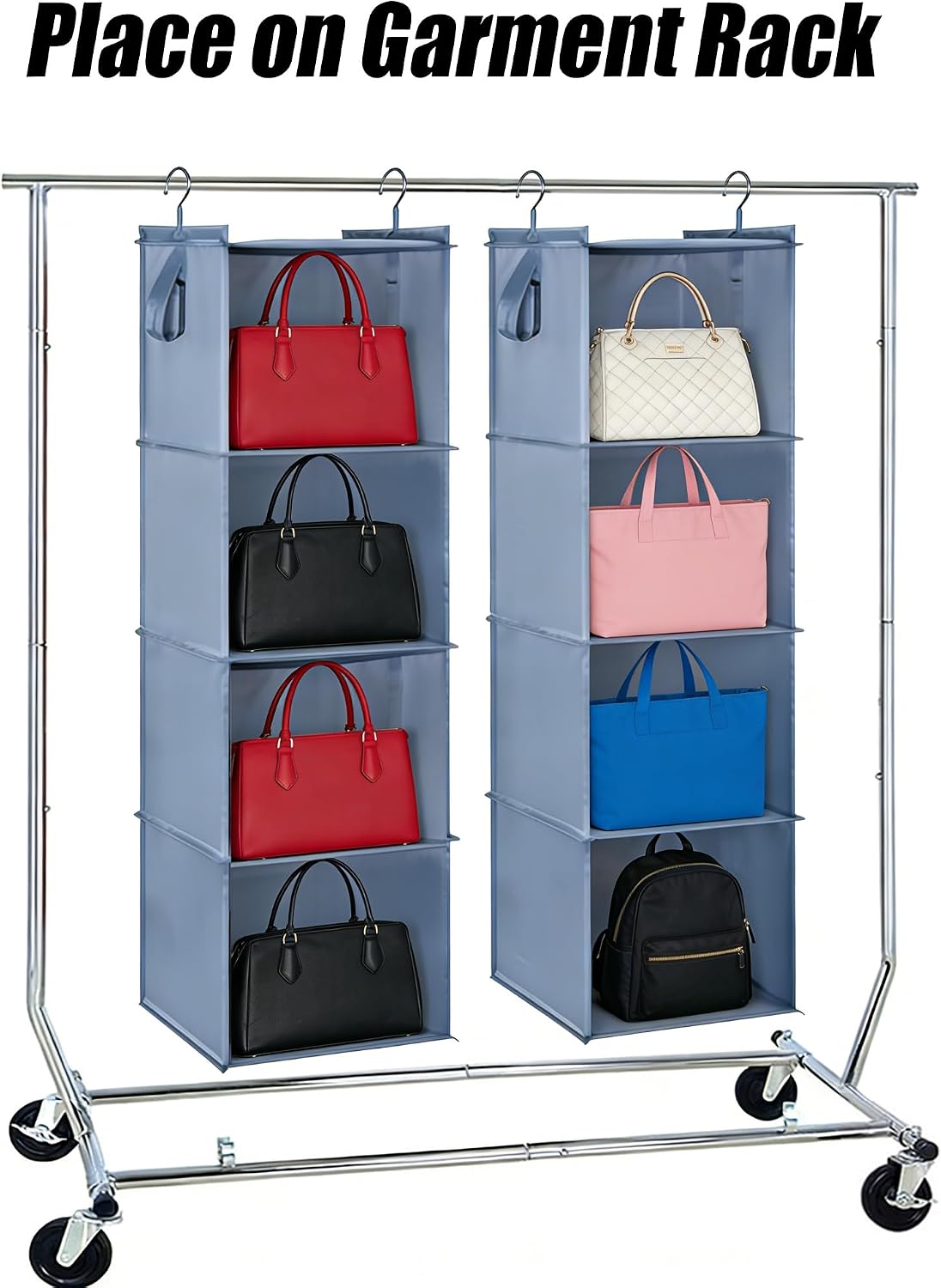 Hanging Closet Organizer Storage Shelf Rack Bag Sweater Hat Shoe | 59" Hang Closet Organization Storing Shelves Rack Display for Purse Handbag Clothes Space Saver Oxford Cloth Large Grey 2Pack