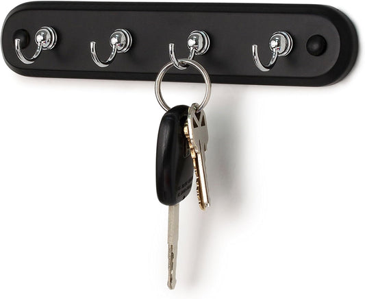 Spectrum Modern Key Holder Wall Mount Rack for Entryway Garage Mudroom Hanging Organization, Easy Install Contemporary Key Ring Holder Rack for Keychains Rings and Fobs, Black Wood with Chrome Hooks