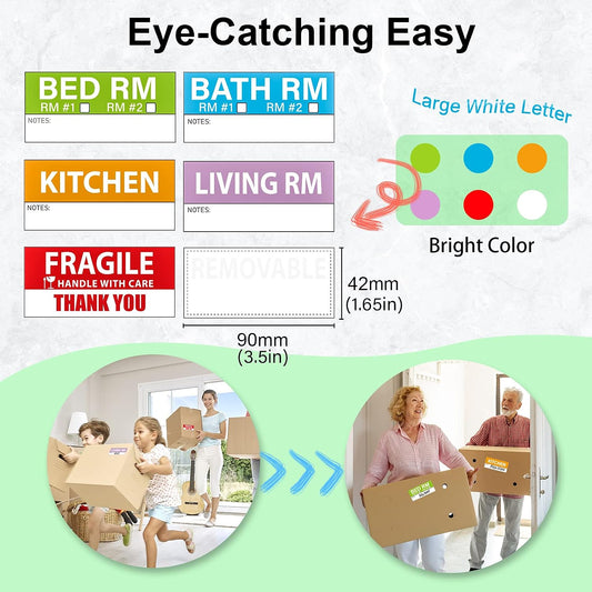 Yoget 42x90mm Large Home Moving Labels for Apartment Moving, 4 Different Color Coded Packing Stickers + 40Pcs Fragile Stickers + 40 Pcs Removable Blank Furniture Labels (240 Labels)