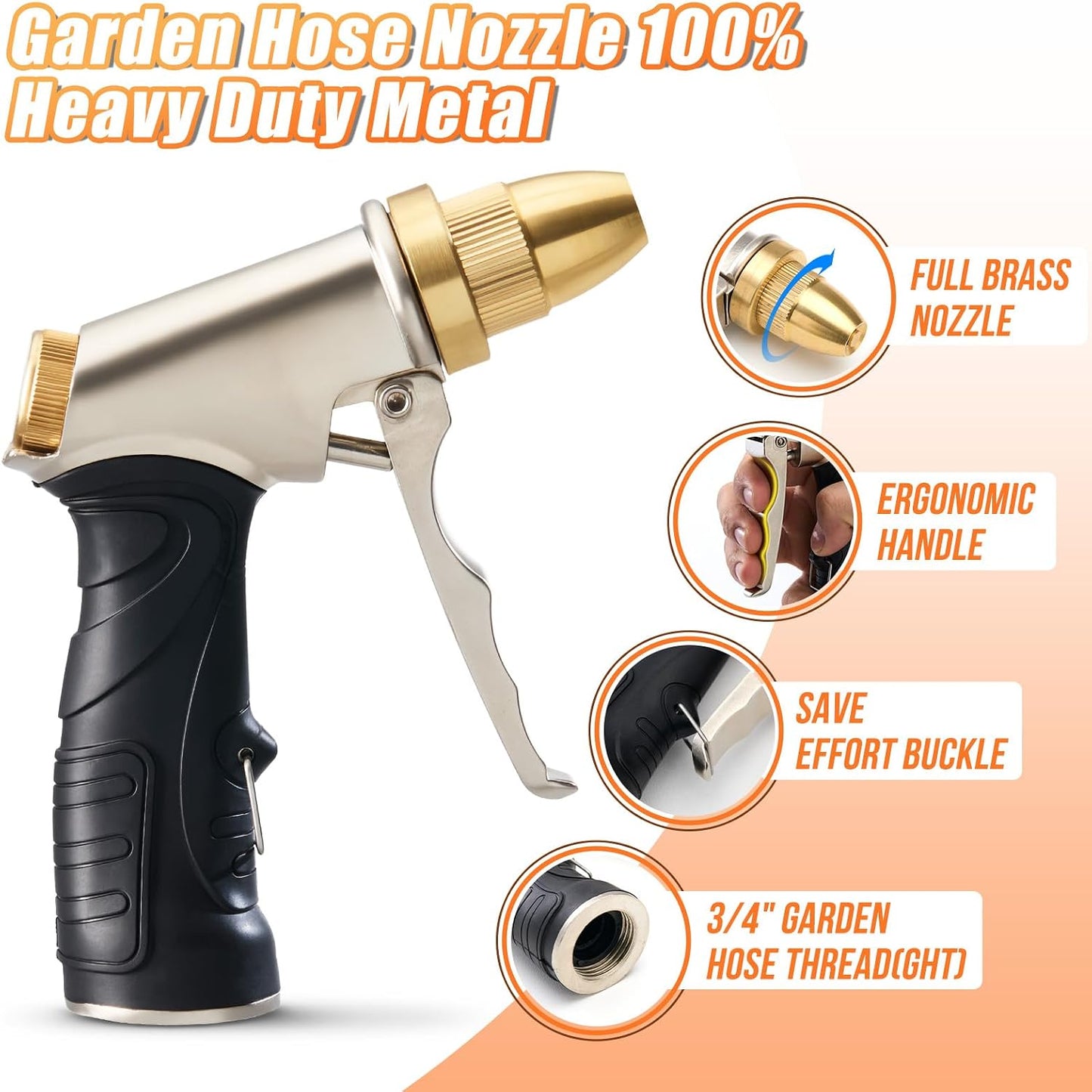 Graden Hose Nozzle,Heavy Duty Metal Garden Hose Spray Nozzle,100% Full Brass Nozzle High Pressure Water Hose Nozzles with Adjustable Spray Patterns for Watering Plants, Car Washing, and Pet Showering