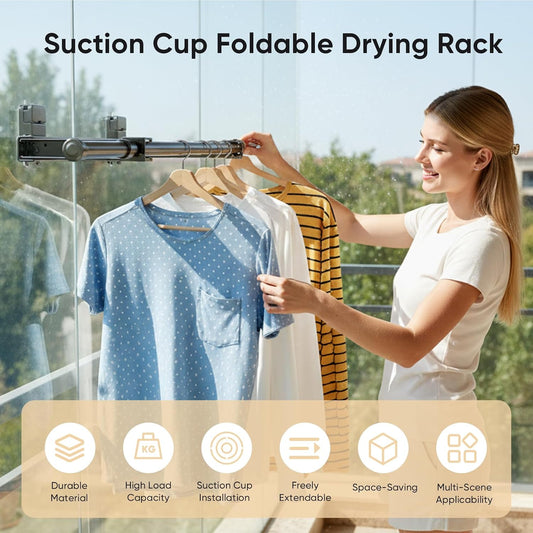 Wall Mounted Drying Rack, Laundry Clothes Drying Rack Foldable, Suction Cup and Telescopic Clothes Drying Pole, Rust-Resistant Carbon Steel No-Drill, Suitable for Flat Surfaces