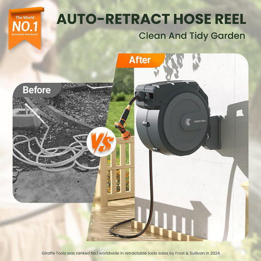 Giraffe Tools Retractable Garden Hose Reel 1/2 Inch x 130 ft, Super Heavy Duty, Any Length Lock, Slow Return System, Wall Mounted and 180 Deg Swivel Bracket