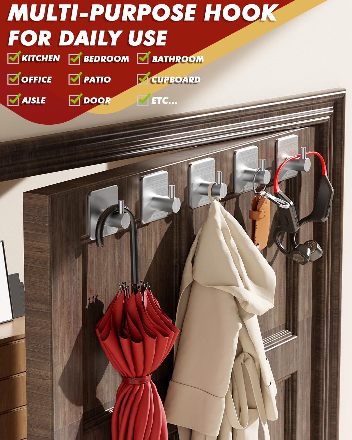 Adhesive Hooks Heavy Duty 30lb(Max) Wall Hooks, 4 Pack Damage Free Stainless Steel Hanger for Hanging Coat, Hat, Towel Robe, Waterproof Oilproof Rustproof Hook for Bathroom Shower Kitchen Office