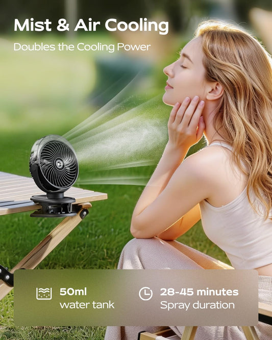 SWEETFULL Portable Misting Clip On Fan, USB-C Rechargeable Mini Personal Cooling Fan with 4 Speeds, 360° Rotatable, Quiet Cooling for Outdoor, Camping, Golf Cart, Travel, Stroller & Desk (Black)
