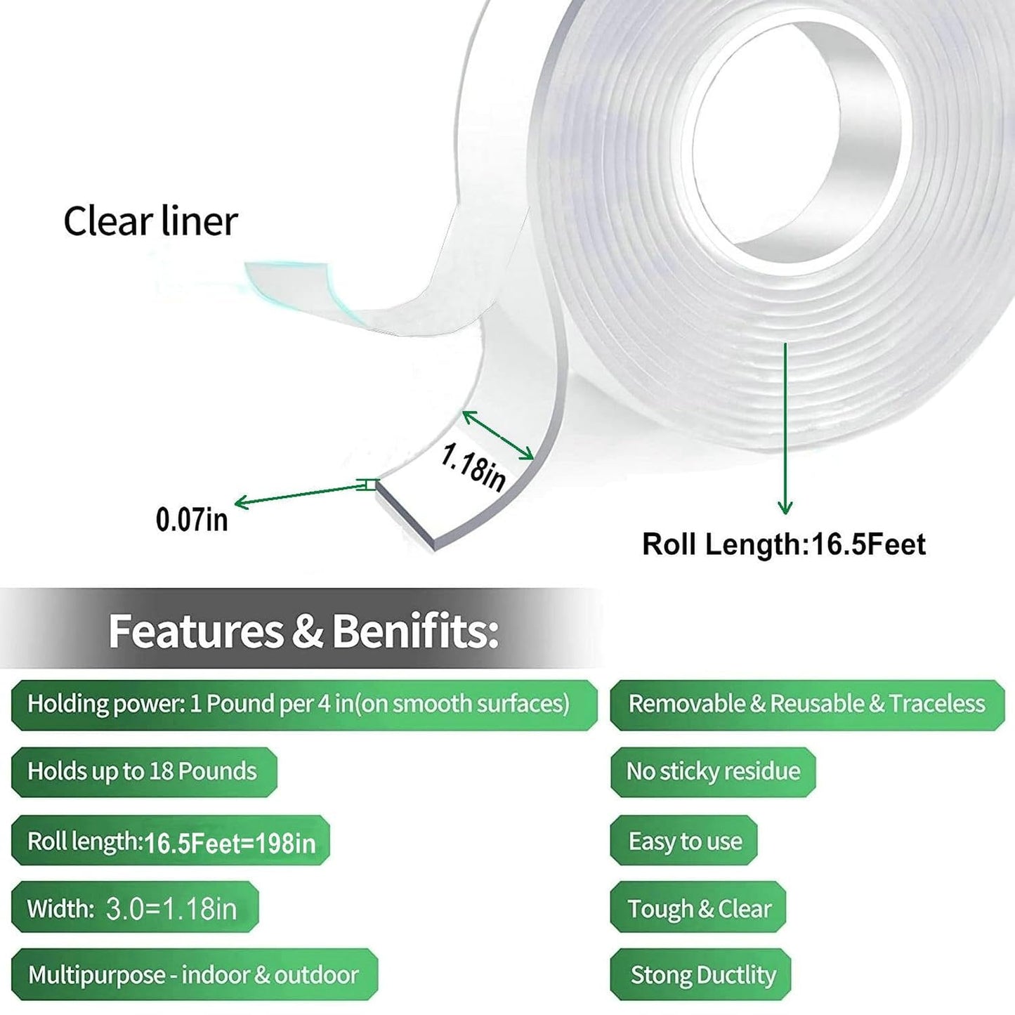 Jwxstore Extra Large Double Sided Tape Heavy Duty Removable 0.79 Inch x 196 Inch, Clear & Tough Nano Tape, Multipurpose Mounting Tape Picture Hanging Strips Adhesive for Carpet Poster