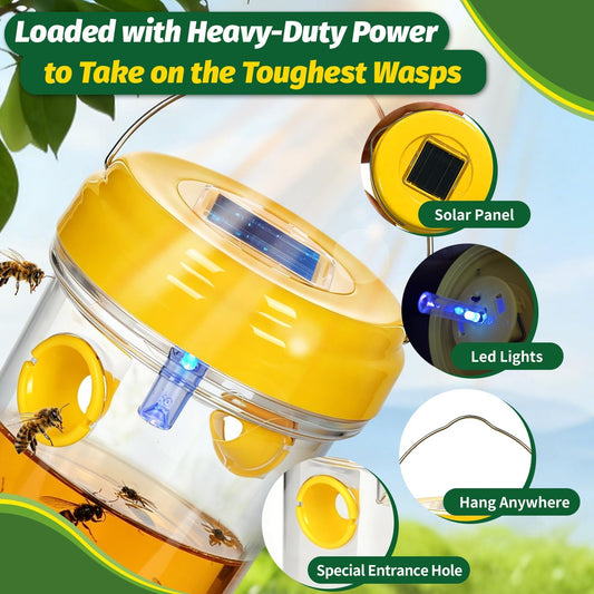 4 Pack Solar Wasp Traps Day & Night, 8-Hour All-Night Battery Life, Reusable Collector for Wasps, Hornets, Yellow Jackets, Insects, with LED Light for Patio Porch Garden Backyard (Bait NOT Included)