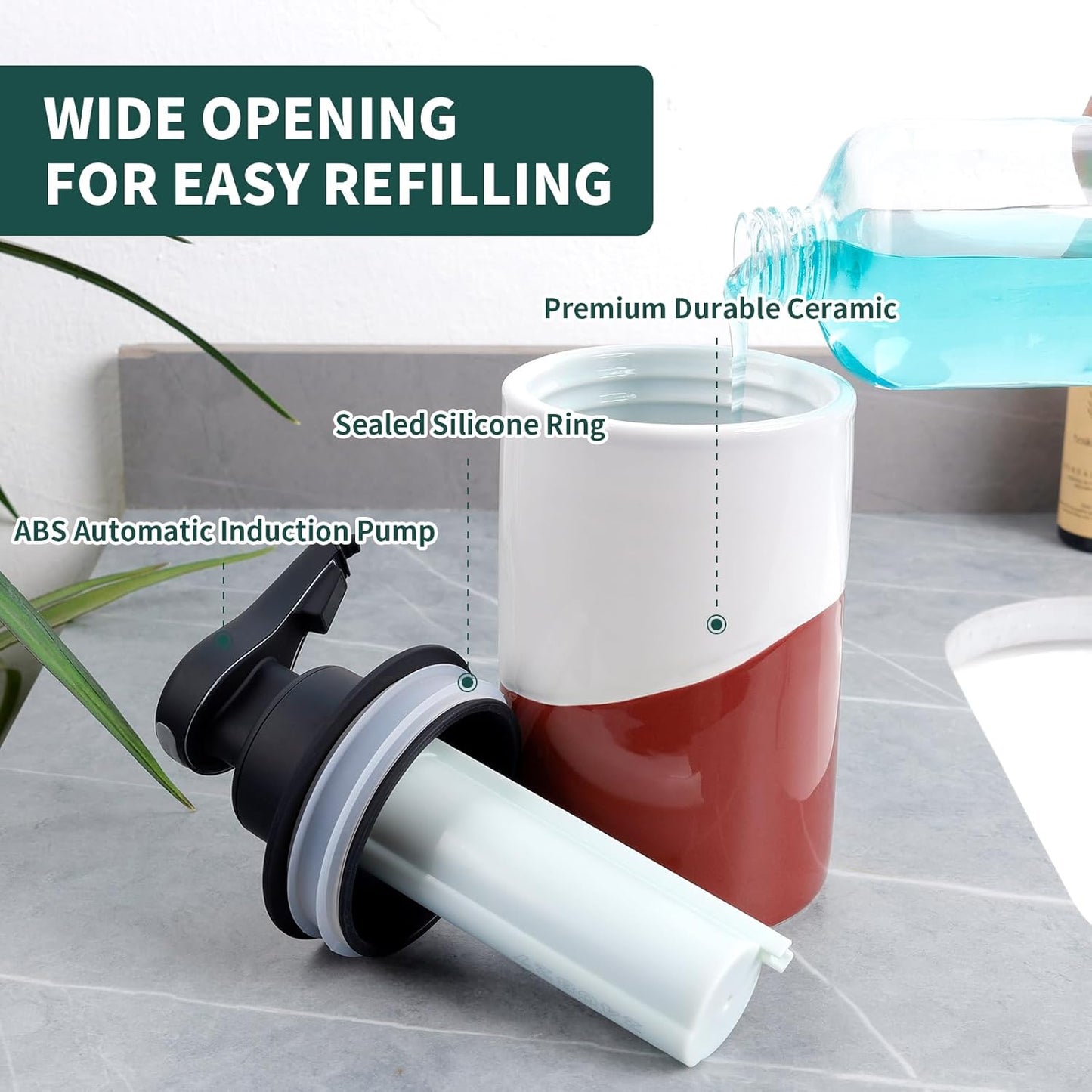 BosilunLife Automatic Soap Dispenser Ceramic Hand Free Soap Dispenser with Waterproof Pump Rechargeable Smart Electric Lotion Soap Dispenser Touchless (White-Green, Foam Pump)