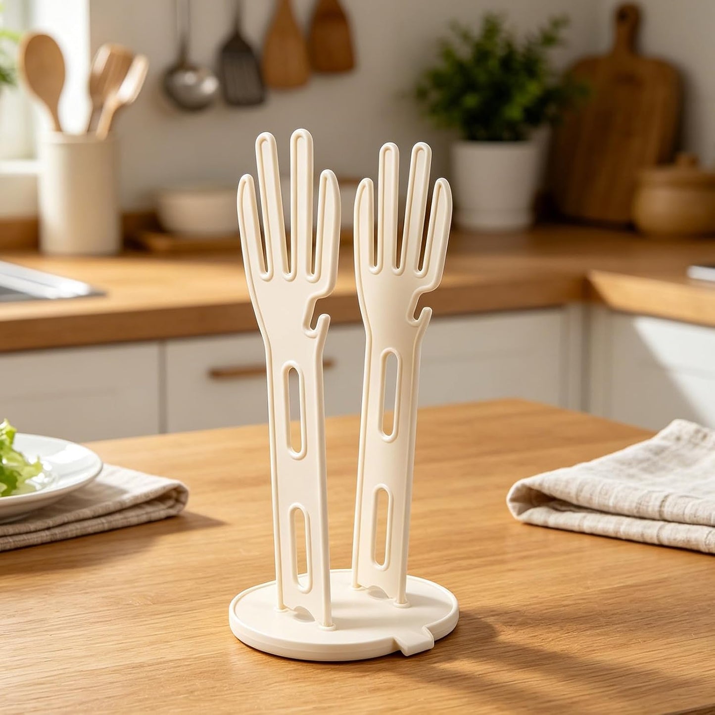 2pcs Kitchen Glove Holder: Reusable Mitten Dryer - Dish Towel Drying Rack - Plastic Palm-Shaped Stand with Side Hook Suction Base for Dishwashing Sink Organizer