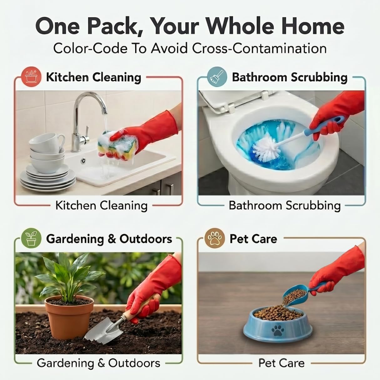 ForPro Natural Rubber Gloves, 6 Pairs Reusable Multi-Purpose Household Cleaning Gloves with Soft Inner Lining, Waterproof & Chemical-Resistant, Wild Cherry, Small